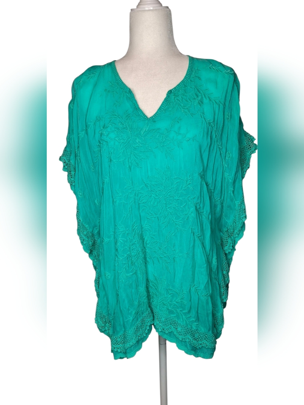 Johnny Was Floral Embroidered Poncho Top Teal Flowy Bohemian Festival L/XL